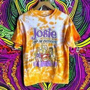 Josie and The Pussycats Tie-Dye Tshirt. Orange with Allover Graphic. Small